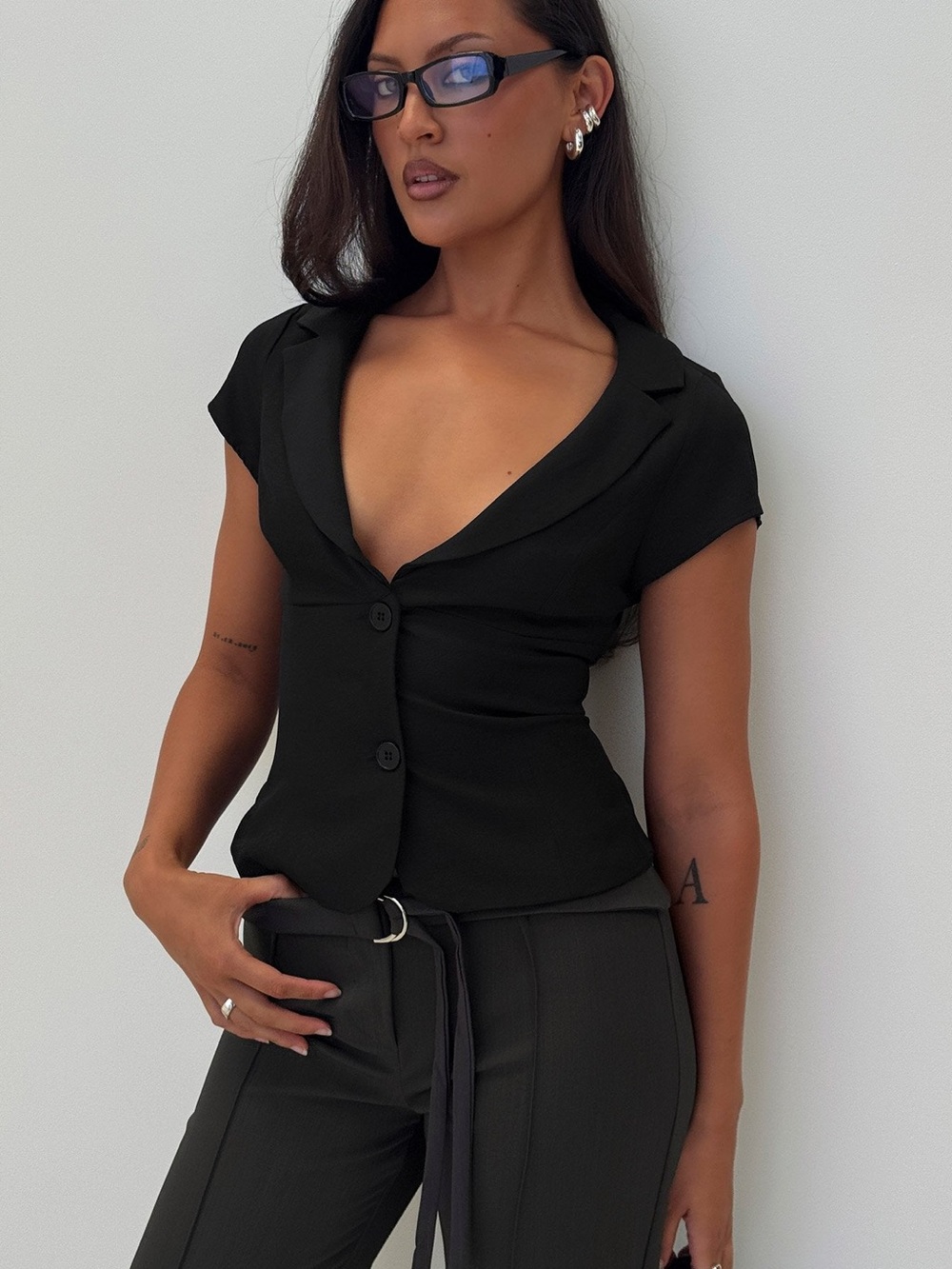 Princess Polly Alexandrea Plunge Button Up Top Black